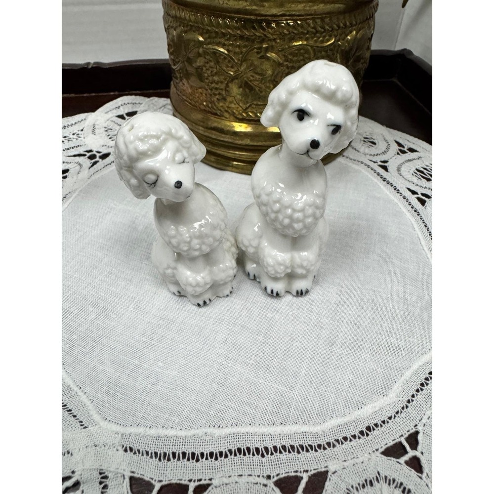 Vintage White Ceramic Poodle Salt and Pepper Shakers Set Mid Century Retro Dog